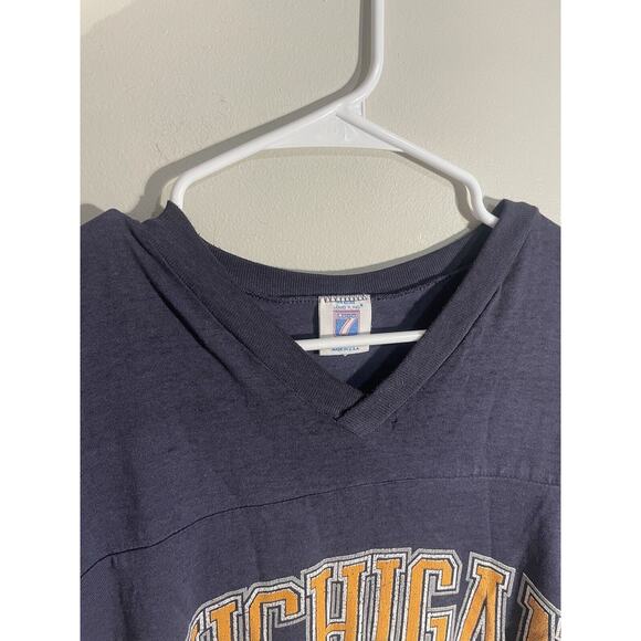 VTG Logo 7 Michigan Wolverines V-Neck T-Shirt 90s Striped Sleeve XL Distressed - Picture 3 of 11
